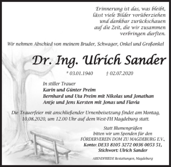 Traueranzeige von Dr. Ing. Ulrich Sander  von Magdeburger Volksstimme