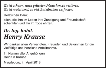 Traueranzeige von Dr. Ing. habil. Henry Krause  von Magdeburger Volksstimme