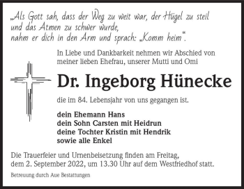 Traueranzeige von Dr. Ingeborg Hünecke  von Magdeburger Volksstimme