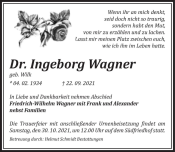 Traueranzeige von Dr. Ingeborg Wagner (geb. Wilk)  von Magdeburger Volksstimme