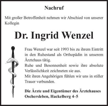 Traueranzeige von Dr. Ingrid Wenzel  von Magdeburger Volksstimme