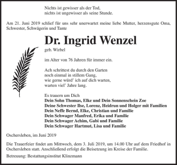 Traueranzeige von Dr. Ingrid Wenzel (geb. Wirbel)  von Magdeburger Volksstimme