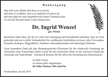 Traueranzeige von Dr. Ingrid Wenzel (geb. Wirbel)  von Magdeburger Volksstimme