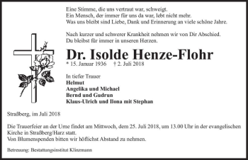 Traueranzeige von Dr. Isolde Henze-Flohr  von Magdeburger Volksstimme
