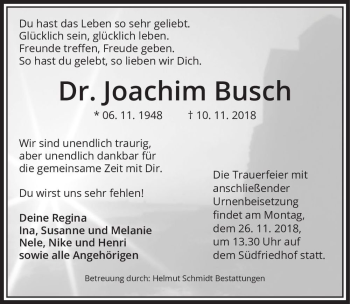 Traueranzeige von Dr. Joachim Busch  von Magdeburger Volksstimme