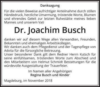 Traueranzeige von Dr. Joachim Busch  von Magdeburger Volksstimme