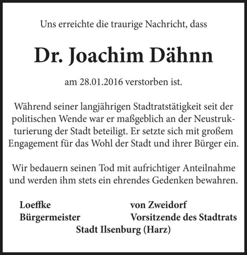  Traueranzeige für Dr. Joachim Dähnn  vom 06.02.2016 aus Magdeburger Volksstimme