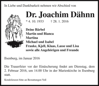 Traueranzeige von Dr. Joachim Dähnn  von Magdeburger Volksstimme