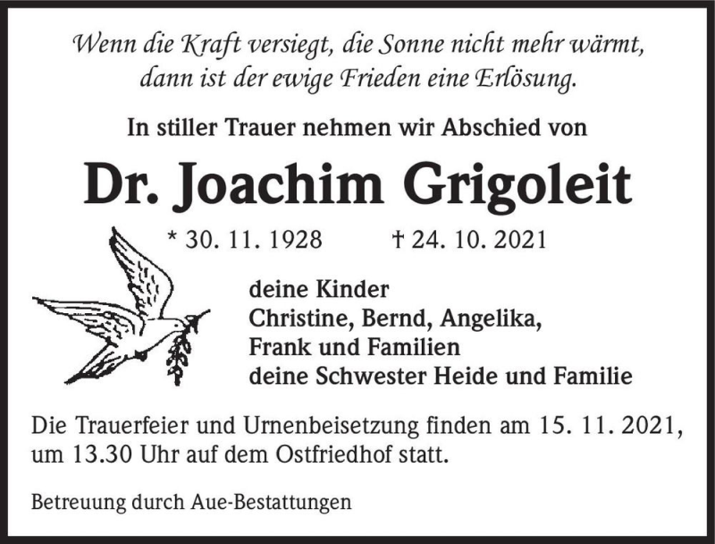  Traueranzeige für Dr. Joachim Grigoleit  vom 06.11.2021 aus Magdeburger Volksstimme