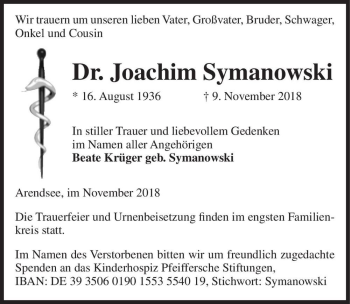 Traueranzeige von Dr. Joachim Symanowski  von Magdeburger Volksstimme