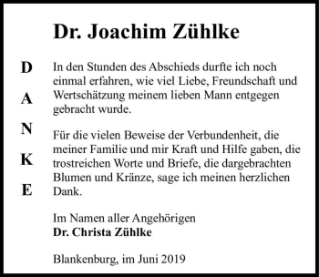 Traueranzeige von Dr. Joachim Zühlke  von Magdeburger Volksstimme