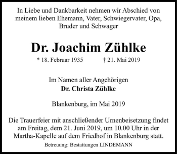 Traueranzeige von Dr. Joachim Zühlke  von Magdeburger Volksstimme