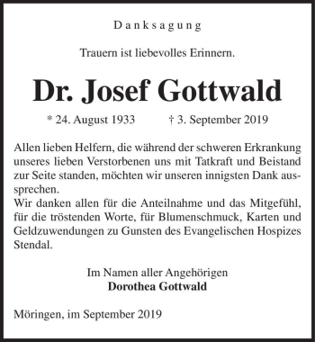 Traueranzeige von Dr. Josef Gottwald  von Magdeburger Volksstimme