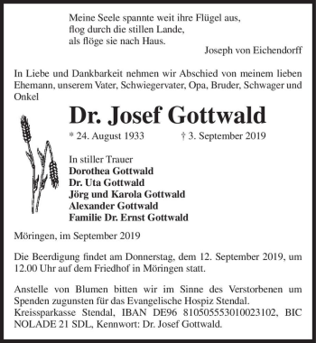 Traueranzeige von Dr. Josef Gottwald  von Magdeburger Volksstimme