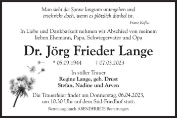Traueranzeige von Dr. Jörg Frieder Lange  von Magdeburger Volksstimme