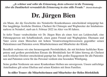 Traueranzeige von Dr. Jürgen Bien  von Magdeburger Volksstimme