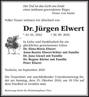Traueranzeige von Dr. Jürgen Elwert  von Magdeburger Volksstimme