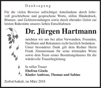 Traueranzeige von Dr. Jürgen Hartmann  von Magdeburger Volksstimme