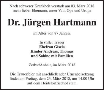 Traueranzeige von Dr. Jürgen Hartmann  von Magdeburger Volksstimme
