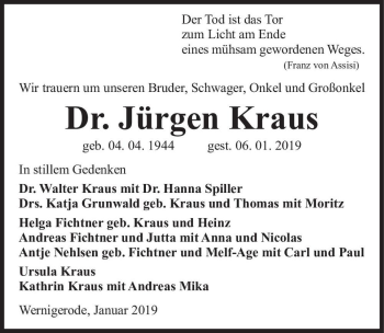 Traueranzeige von Dr. Jürgen Kraus  von Magdeburger Volksstimme