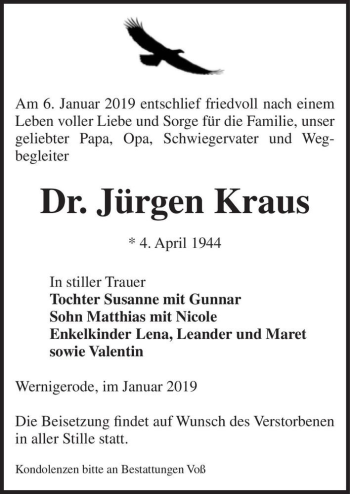 Traueranzeige von Dr. Jürgen Kraus  von Magdeburger Volksstimme