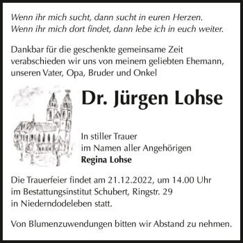 Traueranzeige von Dr. Jürgen Lohse  von Magdeburger Volksstimme
