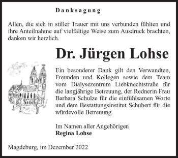 Traueranzeige von Dr. Jürgen Lohse  von Magdeburger Volksstimme
