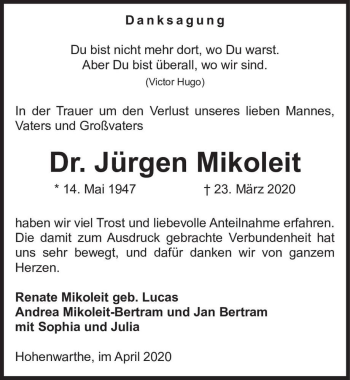 Traueranzeige von Dr. Jürgen Mikoleit  von Magdeburger Volksstimme