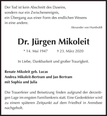 Traueranzeige von Dr. Jürgen Mikoleit  von Magdeburger Volksstimme
