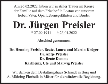 Traueranzeige von Dr. Jürgen Preisler  von Magdeburger Volksstimme