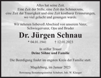 Traueranzeige von Dr. Jürgen Schnau  von Magdeburger Volksstimme