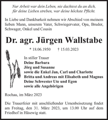 Traueranzeige von Dr. Jürgen Wallstabe  von Magdeburger Volksstimme