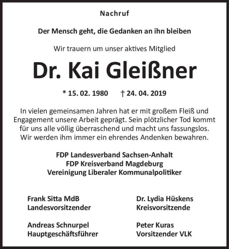  Traueranzeige für Dr. Kai Gleißner  vom 04.05.2019 aus Magdeburger Volksstimme
