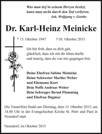 Traueranzeige von Dr. Karl-Heinz Meinicke  von Magdeburger Volksstimme