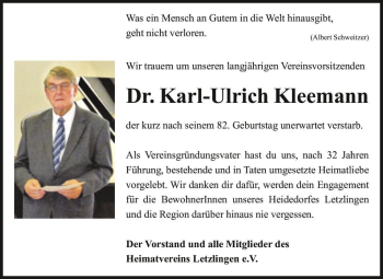 Traueranzeige von Dr. Karl-Ulrich Kleemann  von Magdeburger Volksstimme