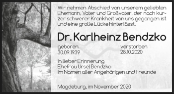 Traueranzeige von Dr. Karlheinz Bendzko  von Magdeburger Volksstimme