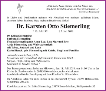 Traueranzeige von Dr. Karsten Otto Stiemerling  von Magdeburger Volksstimme