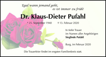 Traueranzeige von Dr. Klaus-Dieter Pufahl  von Magdeburger Volksstimme