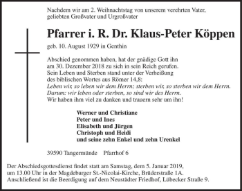 Traueranzeige von Dr. Klaus-Peter Köppen  von Magdeburger Volksstimme