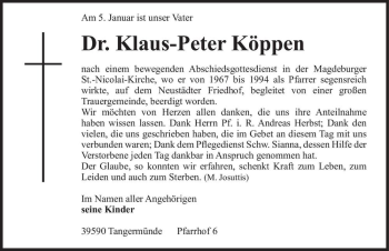 Traueranzeige von Dr. Klaus-Peter Köppen  von Magdeburger Volksstimme