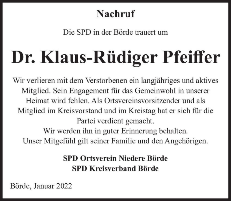  Traueranzeige für Dr. Klaus-Rüdiger Pfeiffer  vom 13.01.2022 aus Magdeburger Volksstimme