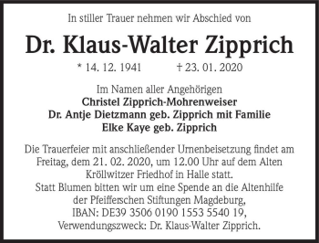 Traueranzeige von Dr. Klaus-Walter Zipprich  von Magdeburger Volksstimme