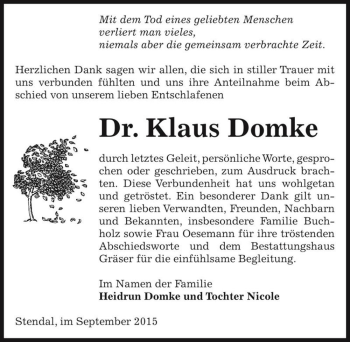 Traueranzeige von Dr. Klaus Domke  von Magdeburger Volksstimme
