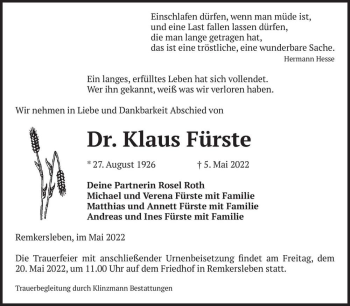 Traueranzeige von Dr. Klaus Fürste  von Magdeburger Volksstimme