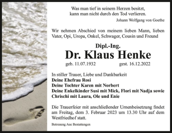 Traueranzeige von Dr. Klaus Henke  von Magdeburger Volksstimme