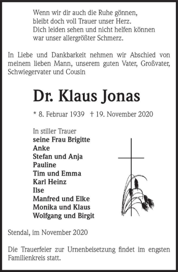 Traueranzeige von Dr. Klaus Jonas  von Magdeburger Volksstimme