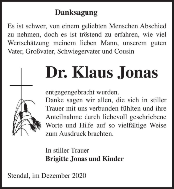 Traueranzeige von Dr. Klaus Jonas  von Magdeburger Volksstimme
