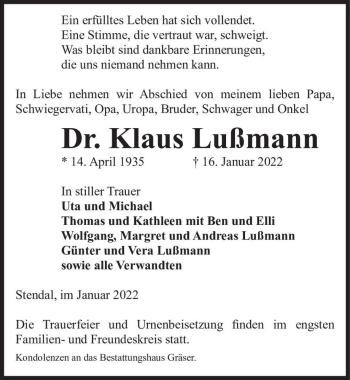 Traueranzeige von Dr. Klaus Lußmann  von Magdeburger Volksstimme