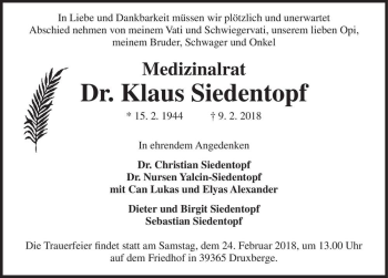 Traueranzeige von Dr. Klaus Siedentopf  von Magdeburger Volksstimme