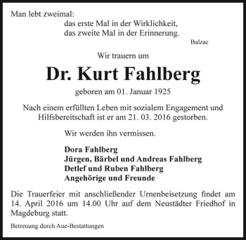 Traueranzeige von Dr. Kurt Fahlberg  von Magdeburger Volksstimme